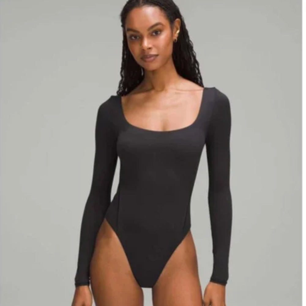 LULULEMON Wundermost Ultra-Soft Nulu Square-Neck Long-Sleeve Bodysuit Black Sz S